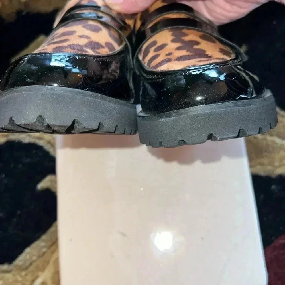 JONES New York Women’s Black Patent Vegan Leather Animal Print Loafers Shoes